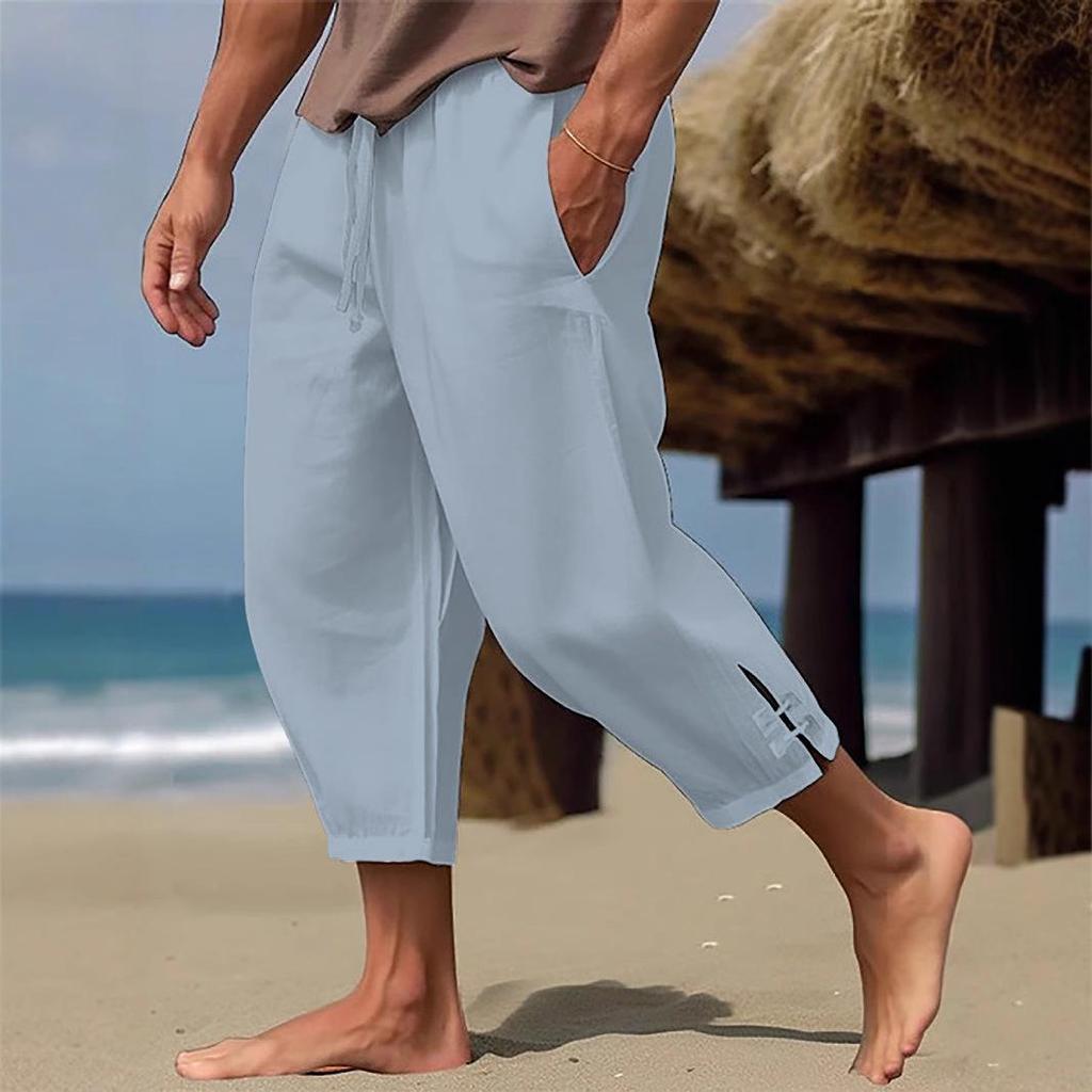 2025 Men's Casual Summer Cotton Linen Drawstring Capri Pants