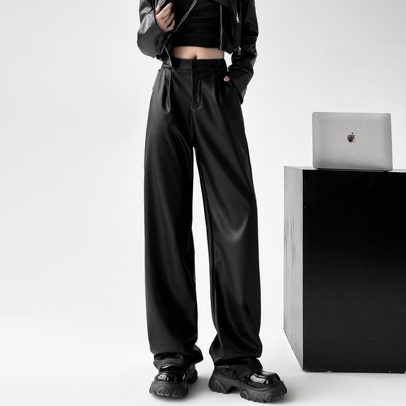 Women's 2025 Black Leather Wide-Leg Slimming High-Waisted Pants