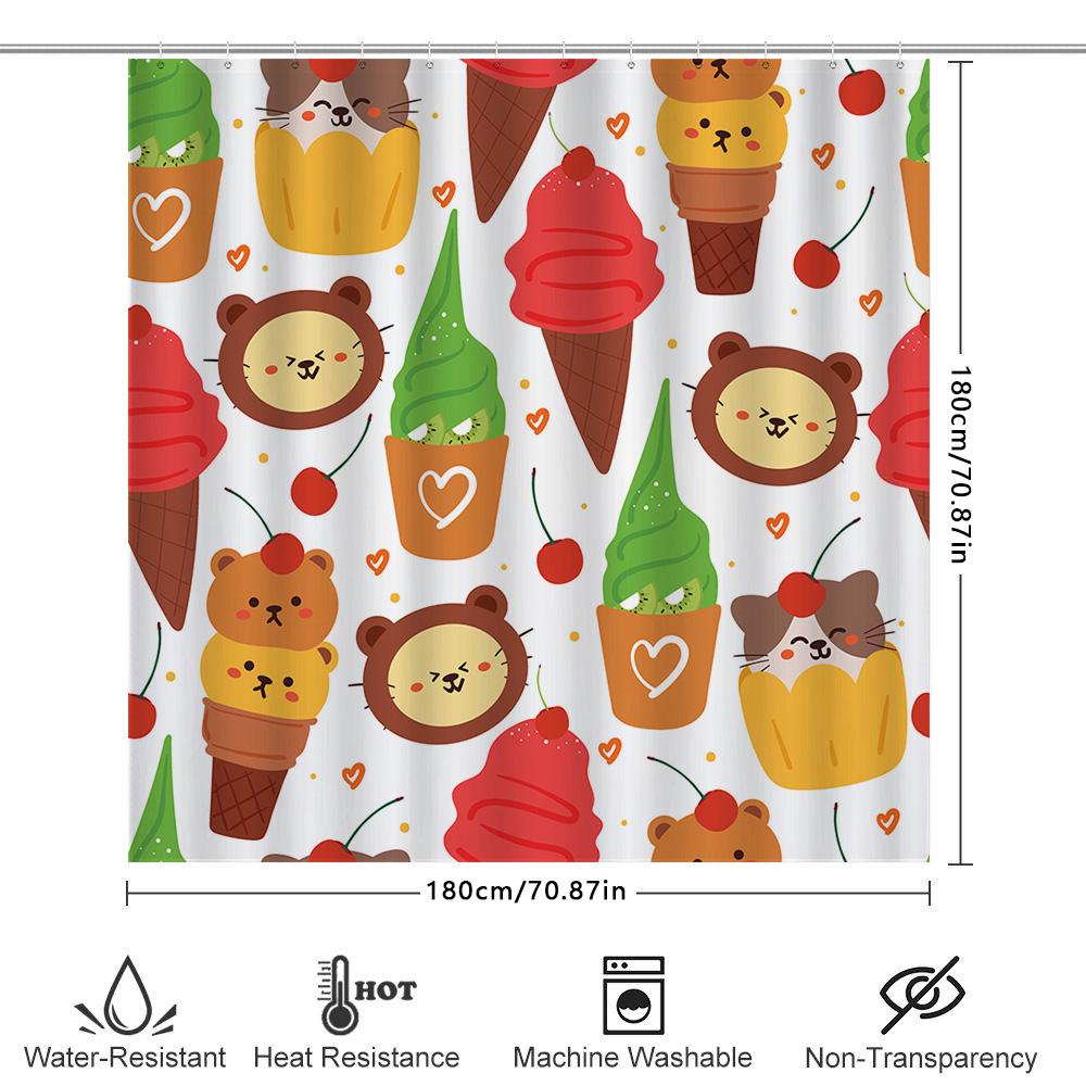 Adorable Animal Ice Cream Shower Curtain Set For Bathroom Decor Cartoon Print Fabric Shower Curtains With Rings Included