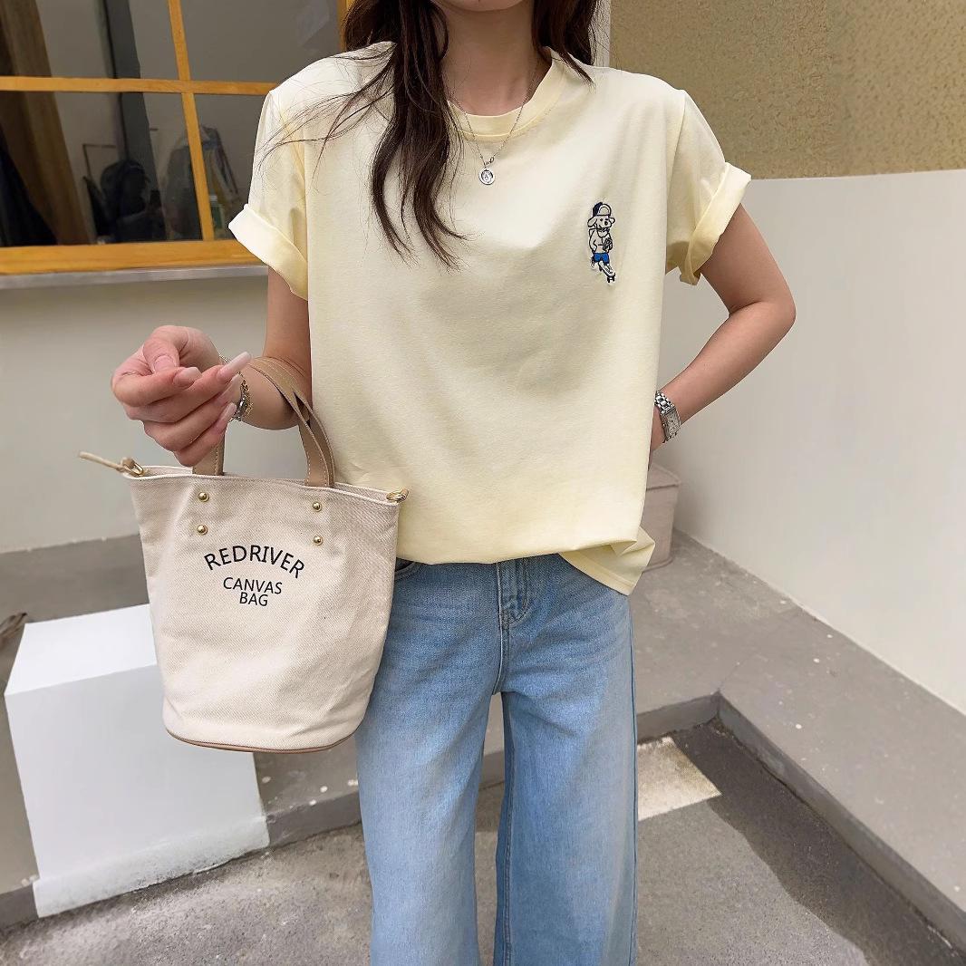 

Women s Summer Casual Loose Fit Cartoon Embroidered Round Neck T-shirt One Size
