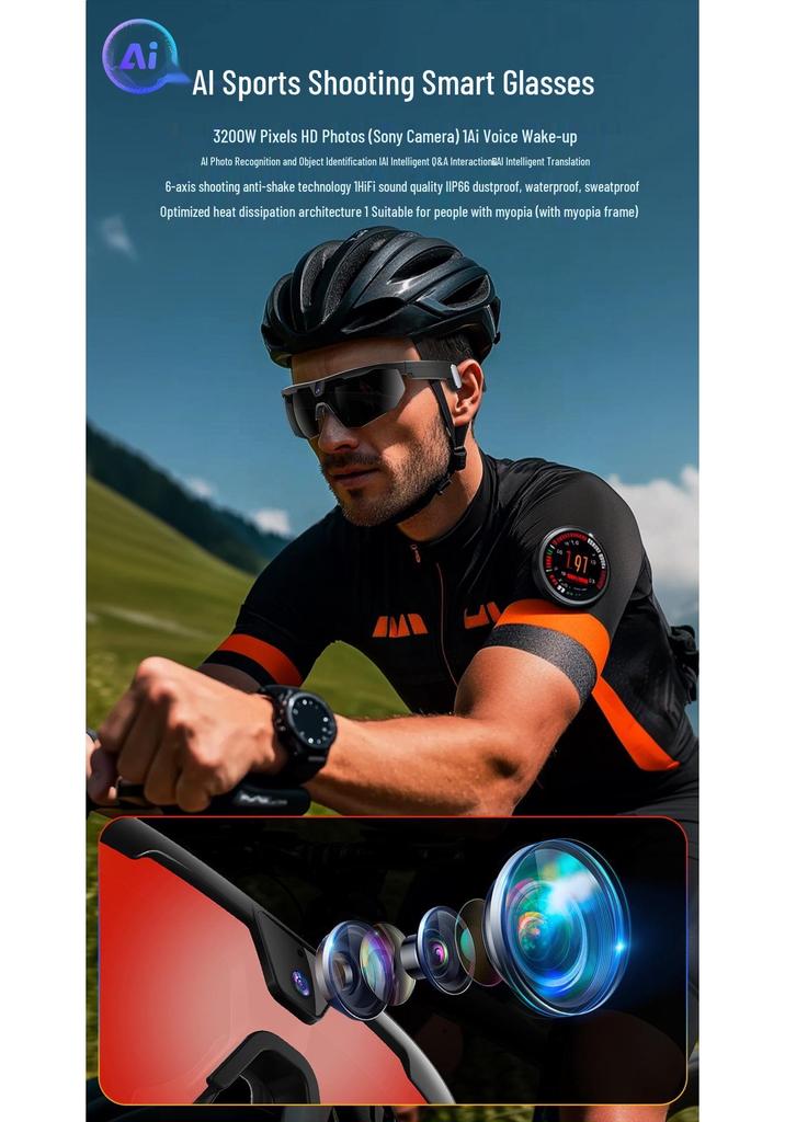 AI Camera Video Cycling Glasses with 800MP, Voice Assistant, Translation, Music & Bluetooth Calls
