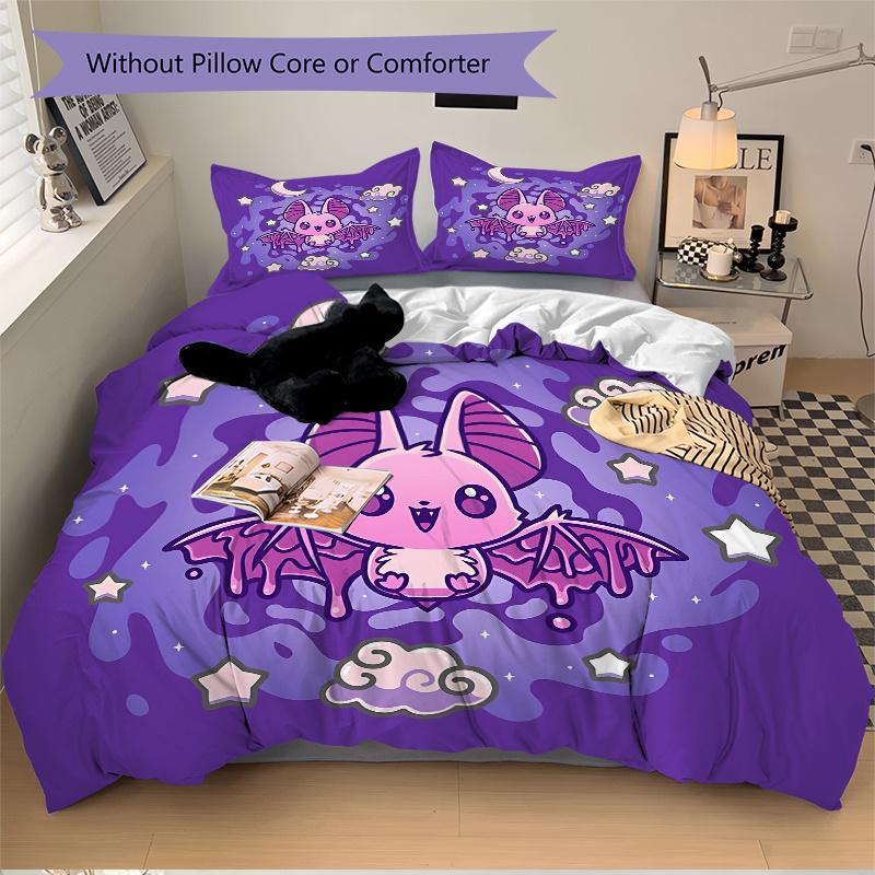 3pcs Cute purple Bat Quilt Set Soft and Comfortable Bedroom, and Dorm Decor Bedding Set 1 Quilt Cover + 2 Pillowcases.L030