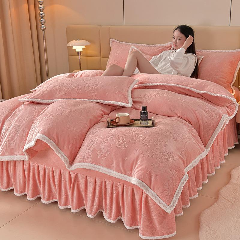 Class A Maternal And Infant Grade High-Gram Carved Fleece Milk Fleece Bed Skirt4-Pcs Set, Winter Double-Sided Fleece Quilt Cover