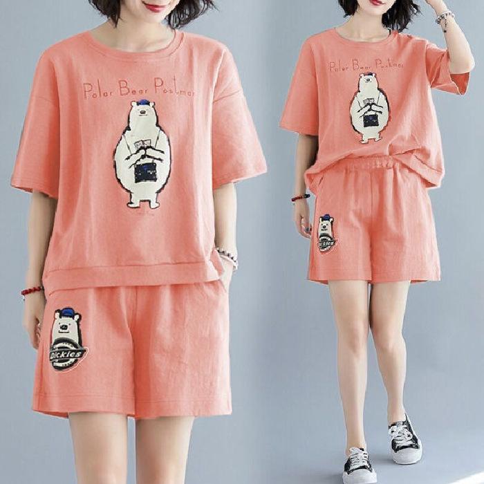 

Толстушка Мм Большой размер Повседневный спортивный костюм для женщин Новый летний корейская версия Свободные облегающие шорты Комплект из двух предметов M розовый