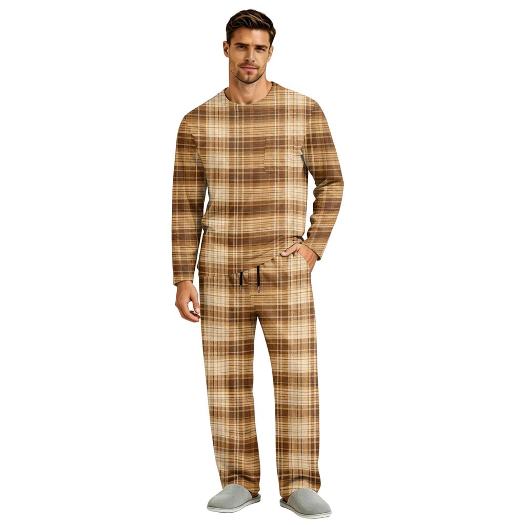 Men's Long Sleeve Pajama Set with Button Crotch and Elastic Drawstring Waist for Home Comfort