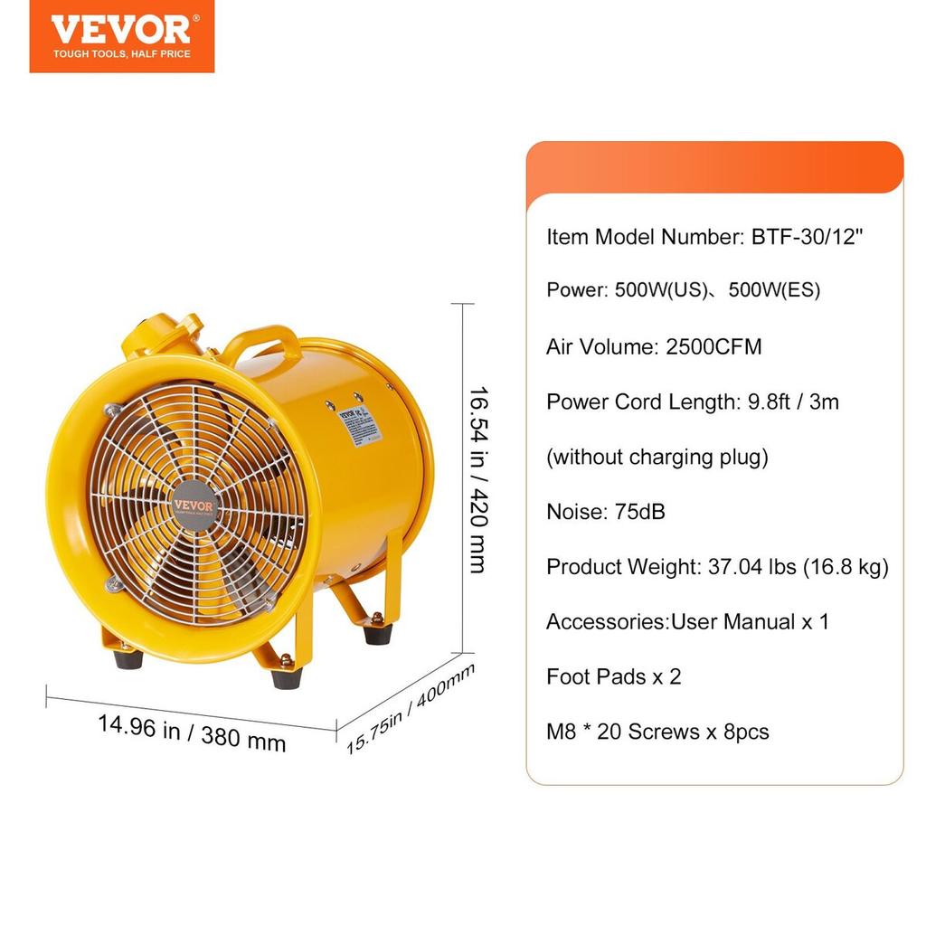 304.8mm Extractor Fan Blower Portable 3m Power Cord Ventilator Industrial