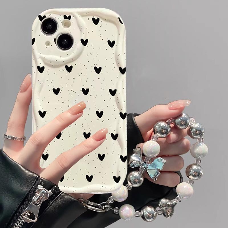 Black Dots Heart Cover For Reno 15 Pro 14 13 14f 13f 12f OPPO A6 A5 PRO A79 A58 A78 Reno 8T Love Bow Chain Case Silicone