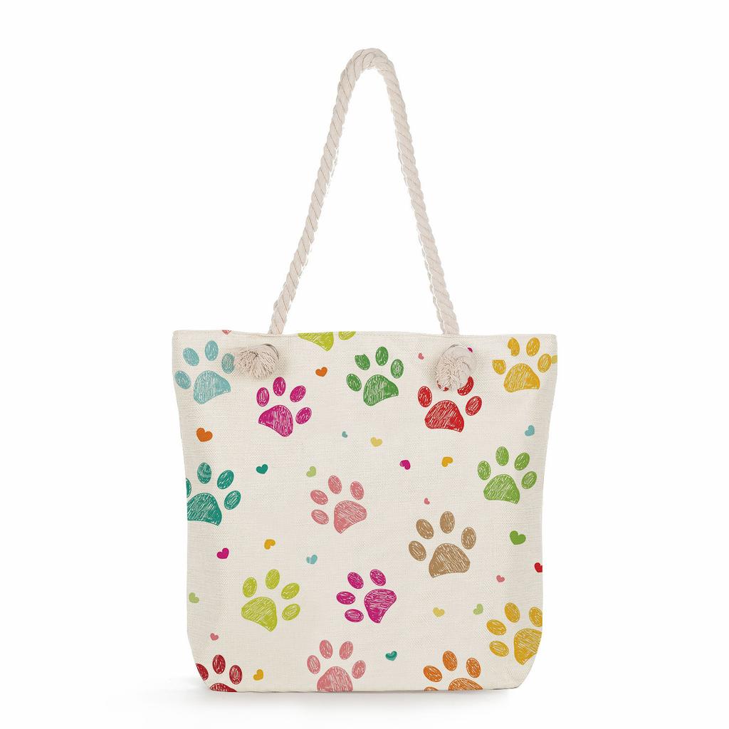 Dog paw print thick rope single-shoulder beach bag 7234 CLE