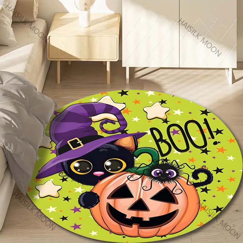 1PC Pumpkin Head Bat Castle Halloween Round Carpet for Kids Living Room Rugs Picnic Mats Flannel Anti-Slip Rug Luxury Gift