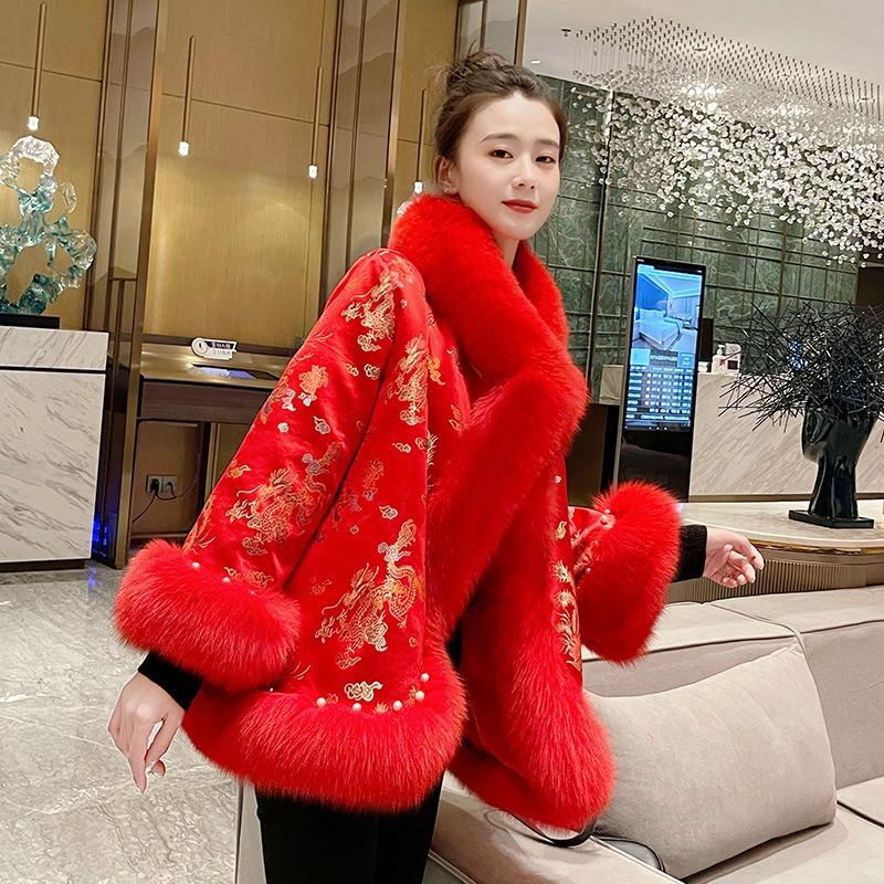 

Зимнее новое пальто-накидка в стиле знаменитостей, женское красное свадебное пальто-накидка для китайской свадьбы S красный
