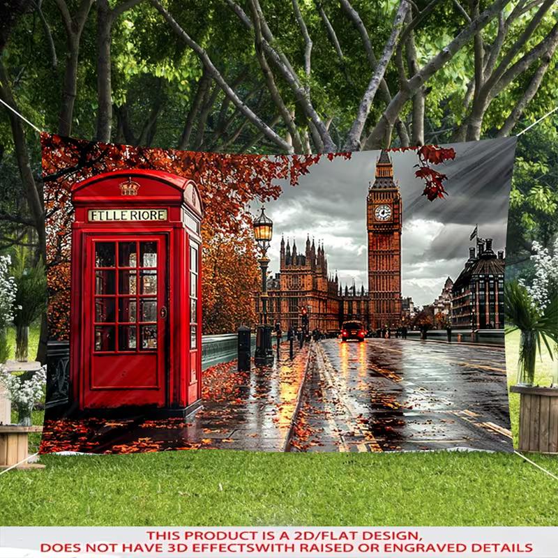 2D Red Phone Booth & Big Ben Tapestry, Autumn London Street Wall Decor for Home