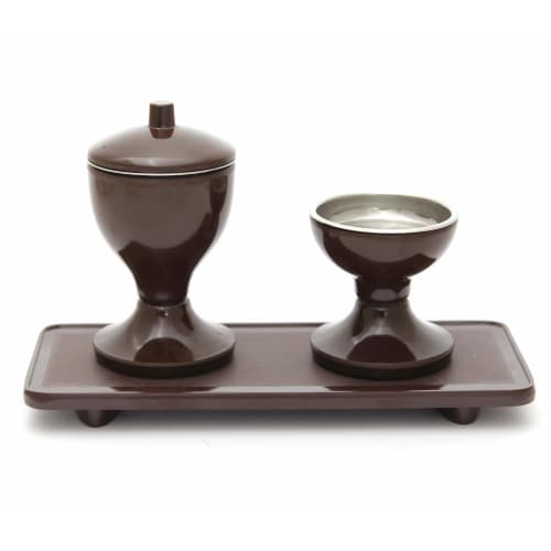 A 7-piece Buddhist Altar Set Featuring a Rust-proof Bell, Water Container, Rice Bowl, Tray, Flower Vase, Shikimi (millet), and Electric Candles. This