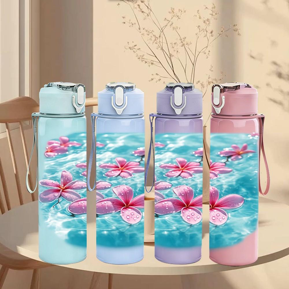 1PC Lotus Flower Water Pond Print 750ml Color Plastic Sports Water Bottle Leakproof Flip Straw Lid Suitable for Sports Office Home Use