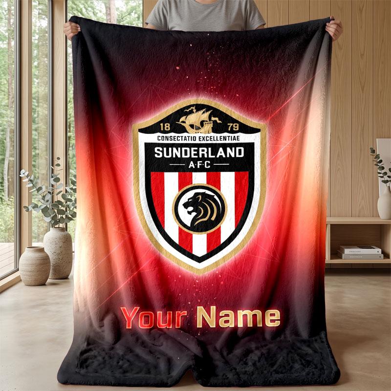 Sunderland FC Custom Name Text Flannel Blanket Soccer Logo Personalized Fleece Throw Blanket Special Gift For Sofa Bedroom Home
