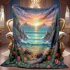 1pc 2D Seaside Sunset Rock Rose Theme Pattern Flannel Blanket, Soft HD Digital Print, Cooling Blanket All-Season Use! Soft And Breathable 100% Polyest