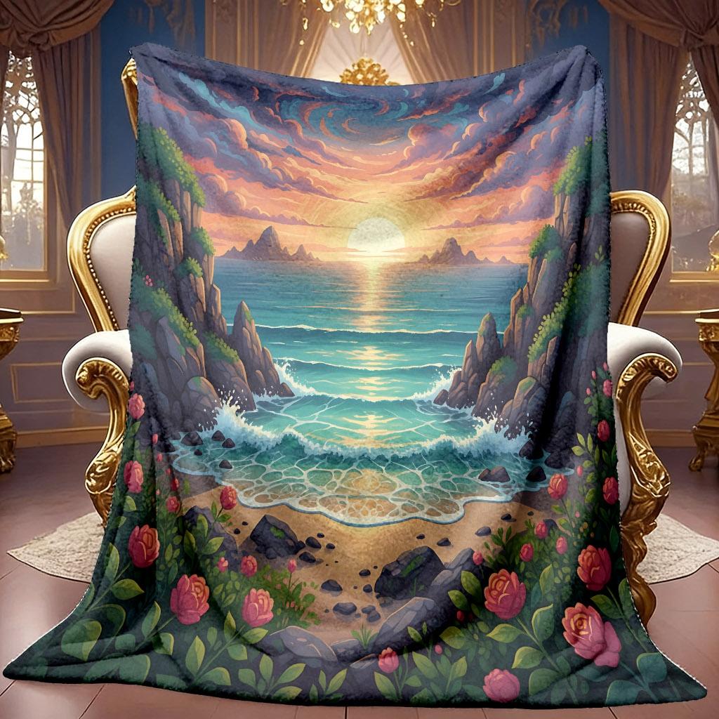 1pc 2D Seaside Sunset Rock Rose Theme Pattern Flannel Blanket, Soft HD Digital Print, Cooling Blanket All-Season Use! Soft And Breathable 100% Polyest