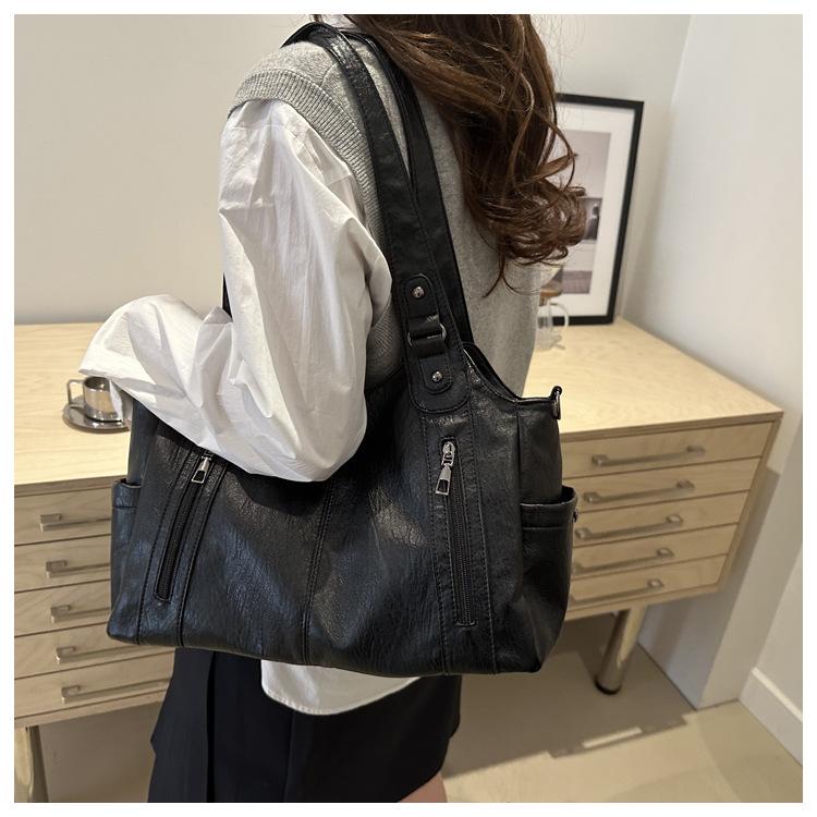Retro Style Faux Leather Tote Bag for Women Large Capacity Shoulder Handbag