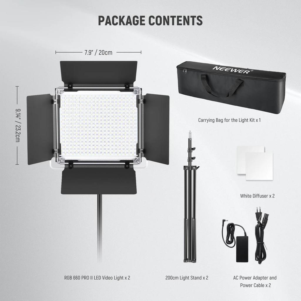 NEEWER RGB660 PRO II - 2-Pack RGB 660 PRO LED Video Light Kit with Stand, App Control, 360° Full Color Video Light, 50W Dimmable, 3200~5600K