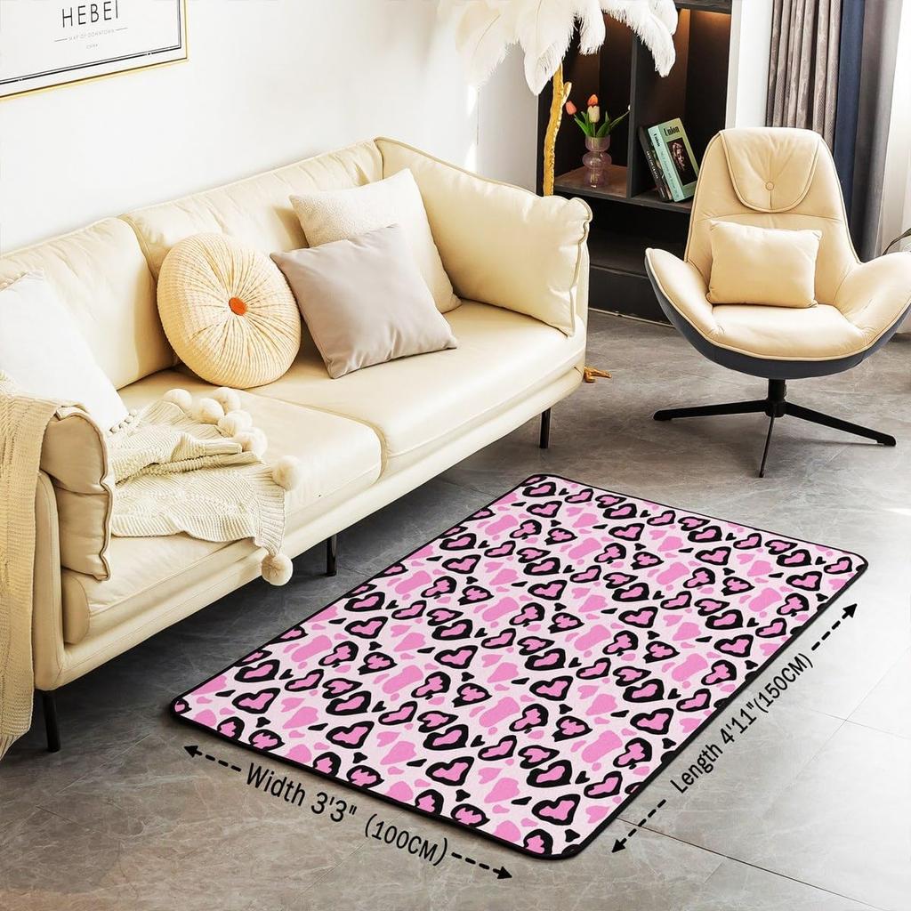 Kids Leopard Decor Carpet Area Rug Cute Pink Love Heart Living Room Rugs for Bedroom for Boys Girls Teens Modern Cheetah Indoor