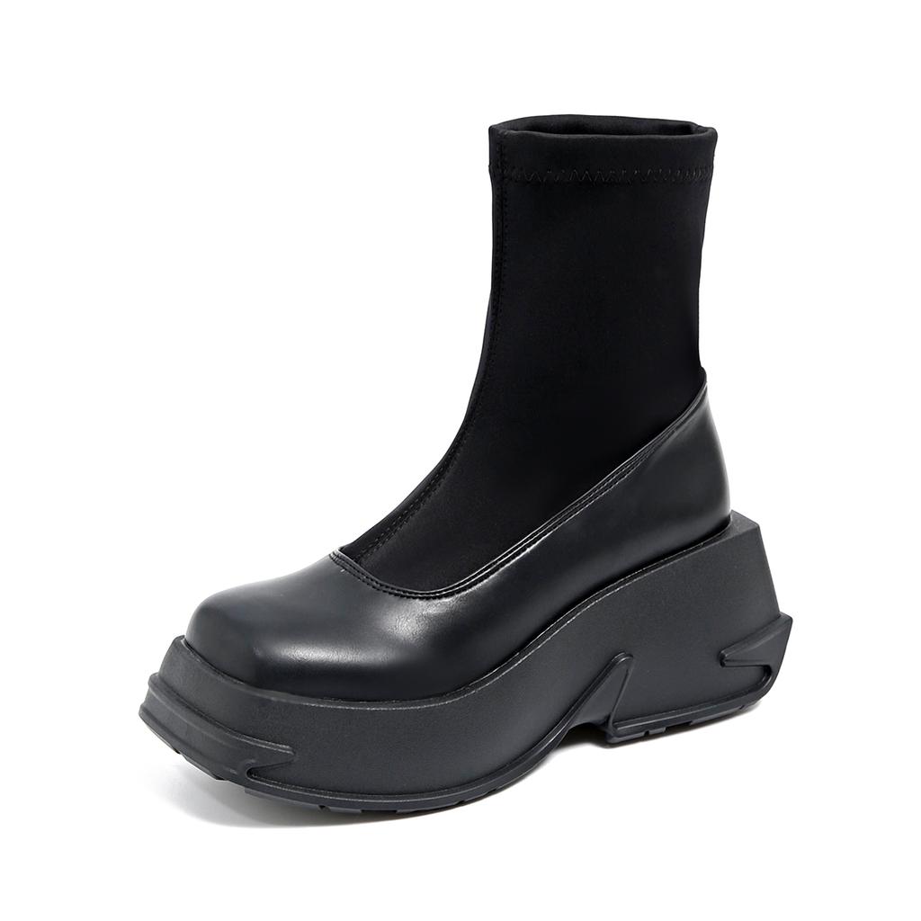 Stretch Boots Women's Round Toe Spliced Sleeve Platform Anti-Slip Wear-Resistant Short Shoe