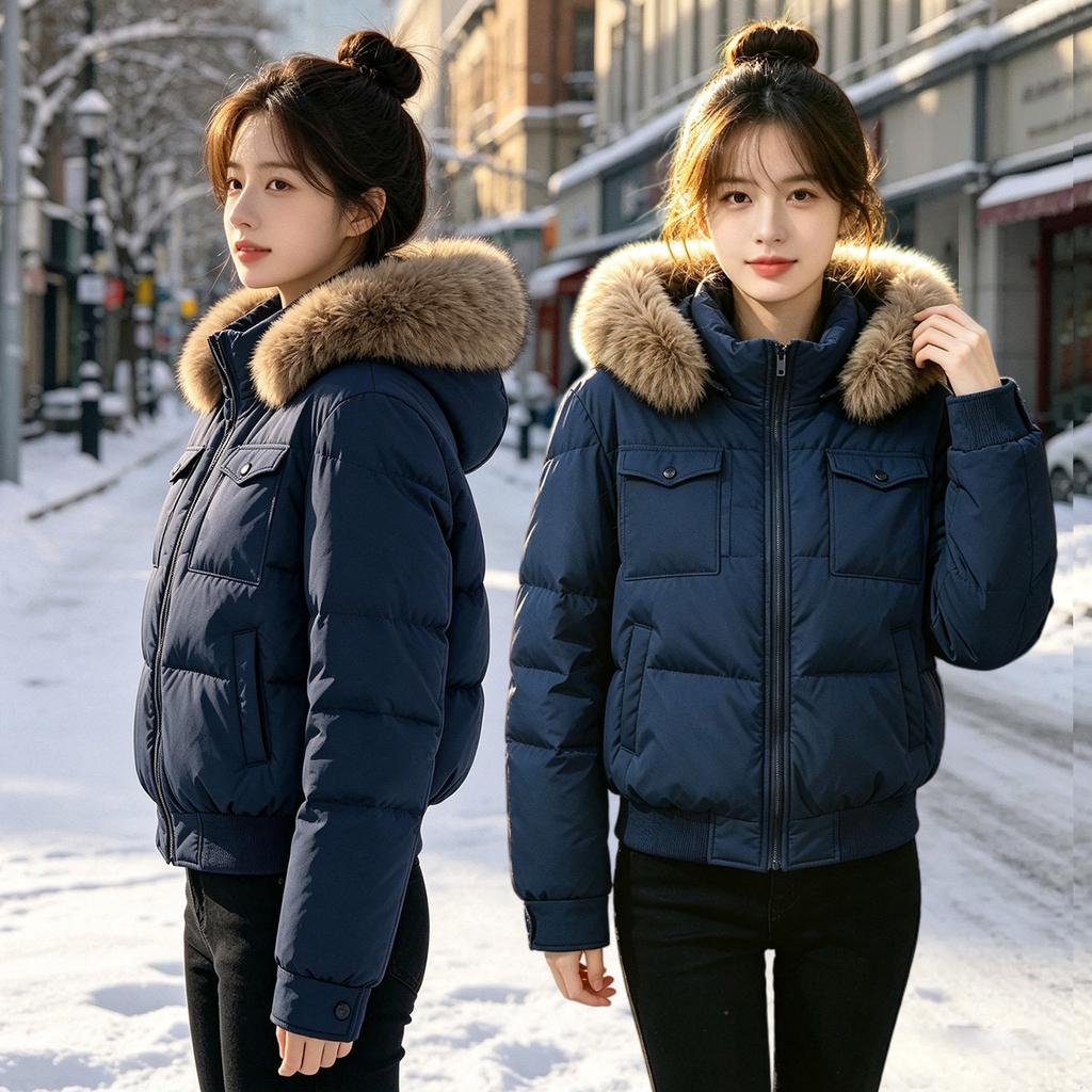 Winter new removable fur collar hooded short jacket polyester cotton clothes women's British wind cold warm cotton coat
