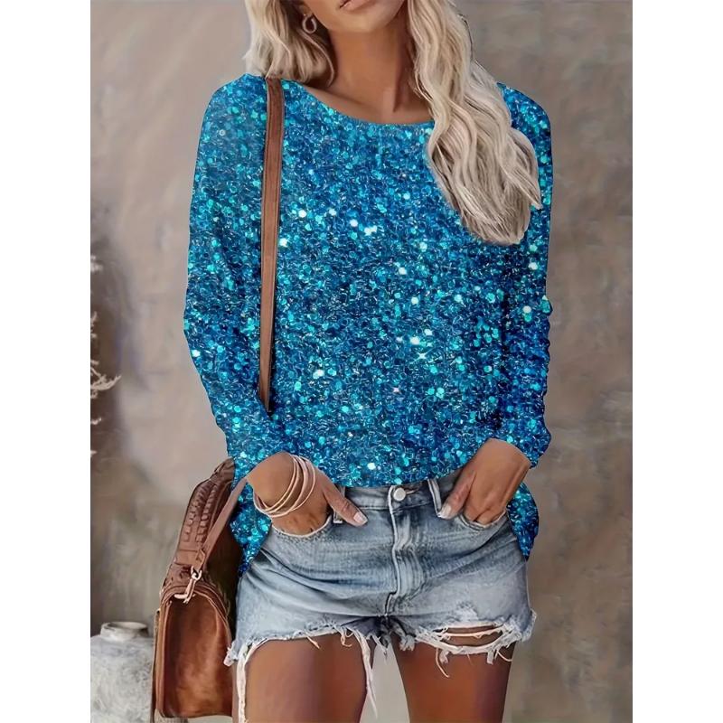 Modisches Damen Rundhals Langarm 3D Lässiges Farbdruck Westliche Linie Langarm Rundhals T-Shirt