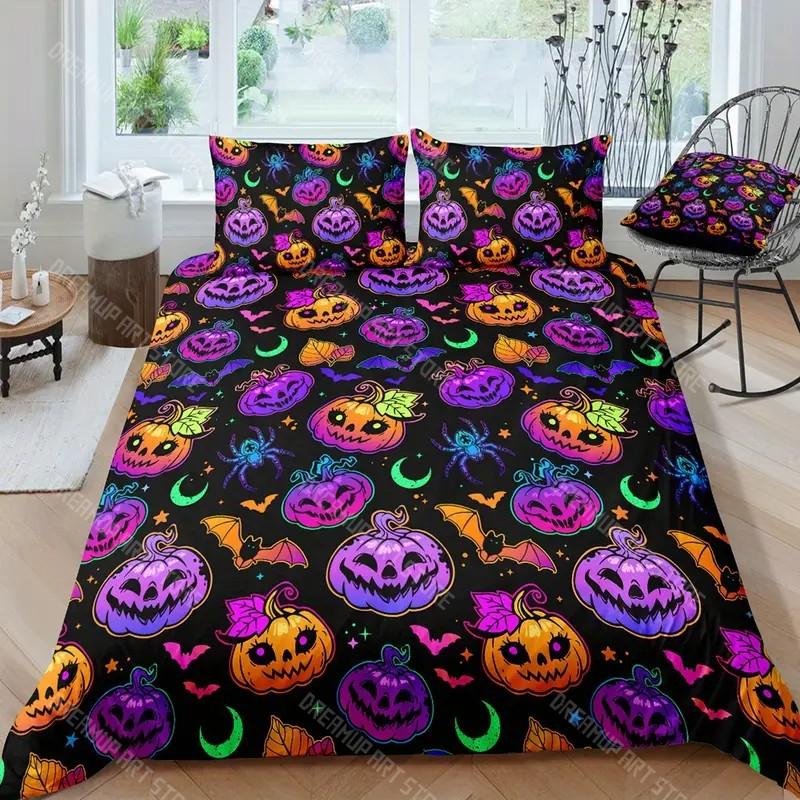 Halloween Quilt Cover Set Halloween Theme Comfortable Bedding Set Digital Print Plaid Pattern Cute Ghost Pumpkin One Quilt Cover