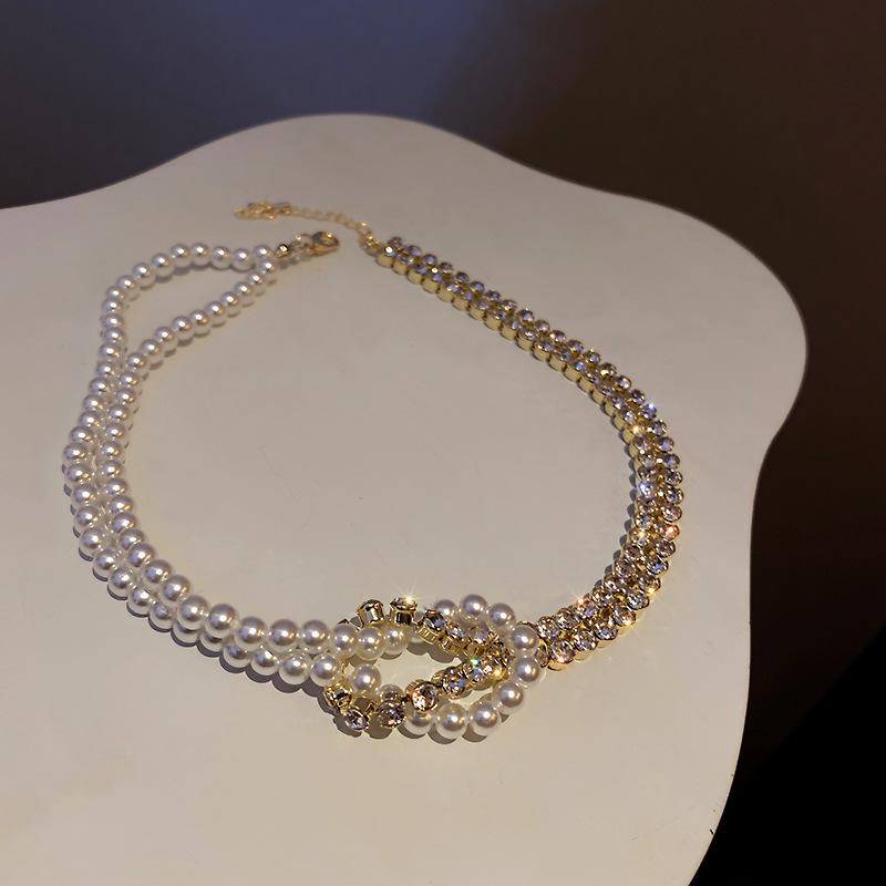 Koreaanse Retro Parel Strass Kwast Choker met Bloem Strik Design