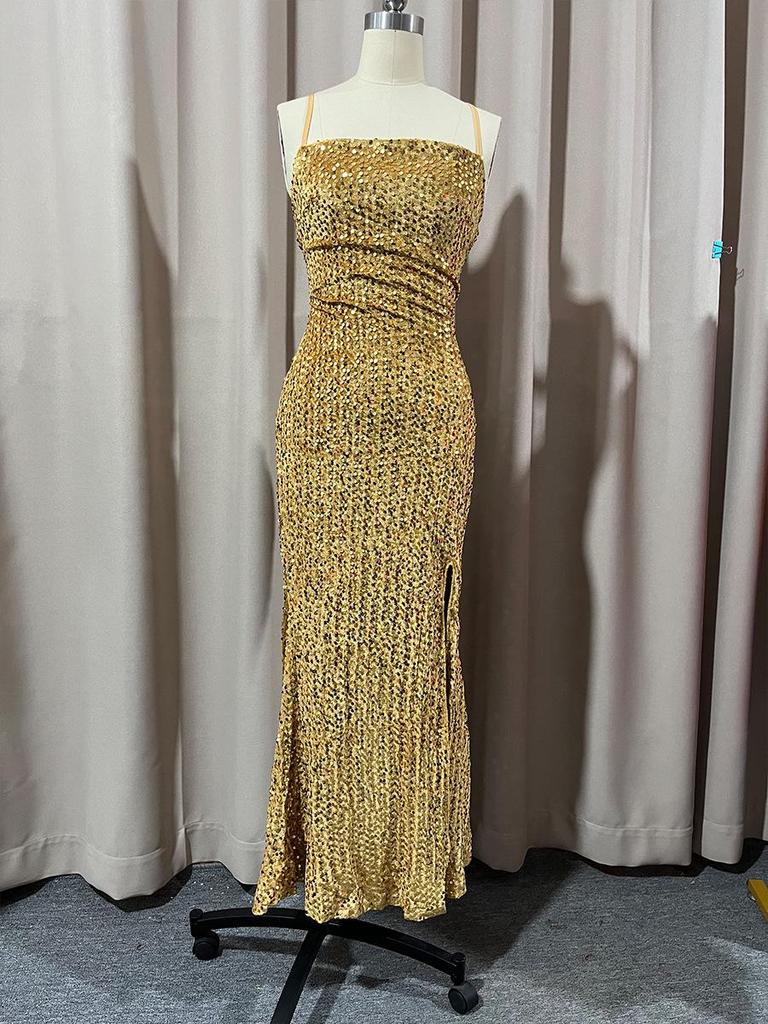 European & American Women's Sequin Slit High Waist Bridesmaid Evening Dress