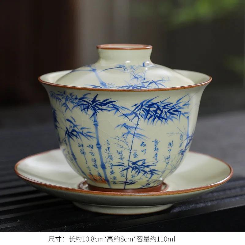 Handgefertigte Keramik Gaiwan Chinesische Teetasse Handbemalte Blumen Sancai Tee-Terrine Reise-Teeschale Porzellan Teegeschirr Set Zubehör