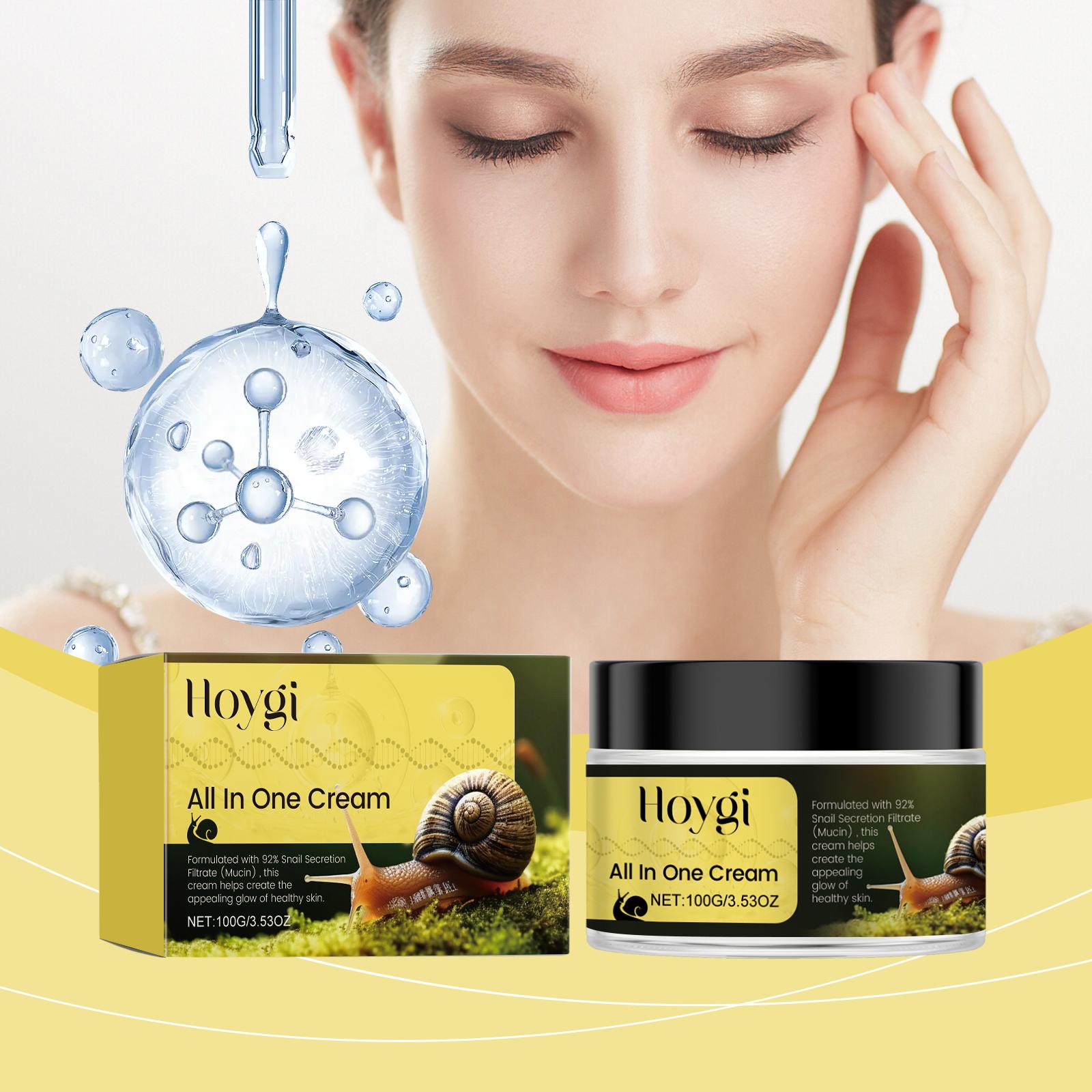 Hoygi Snail Essence Cream: Moisturizes and nourishes facial skin, repairs dry skin, and replenishes moisture. 100g