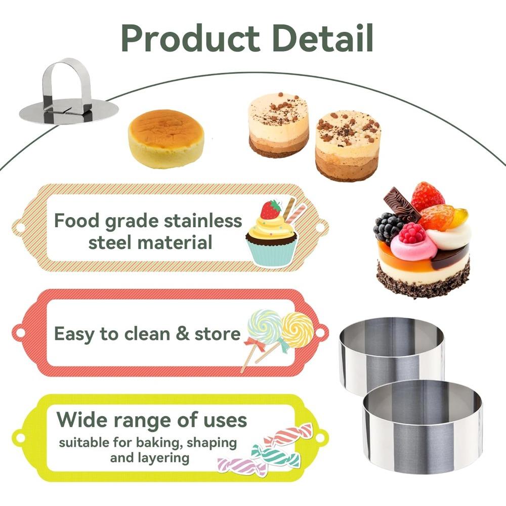 2 Pieces Round Cake Ring Molds Stainless Steel Cake Mousse Decorating Ring Mold with Pusher for Kitchen Baking Pastry Tools