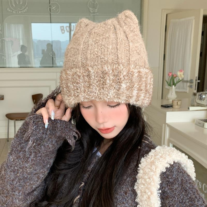 

ColdSeason Cute Cat Ear Plush Knitted Hat Korean Version Versatile Big Head Surround Head Hat Outside Windproof and Warm Hat BrandNew One Size