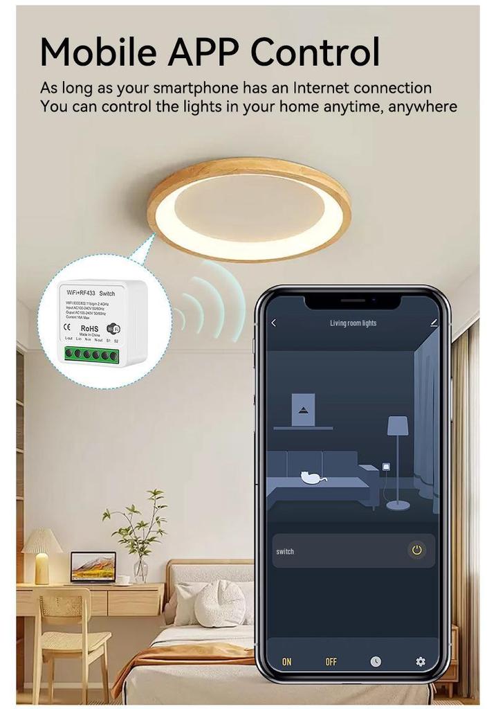 Compact WiFi + RF433 Smart Switch: Tuya Voice-Controlled Flush Mount Timer Switch