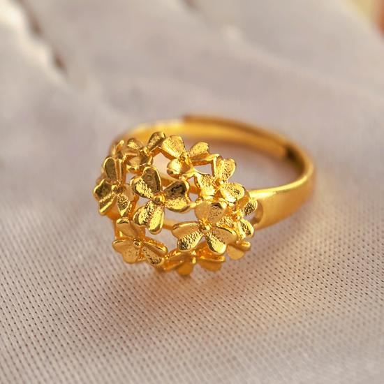 Retro Hydrangea Open Ring for Women - Gold Plated Brass, Chinese Style Floral Jewelry