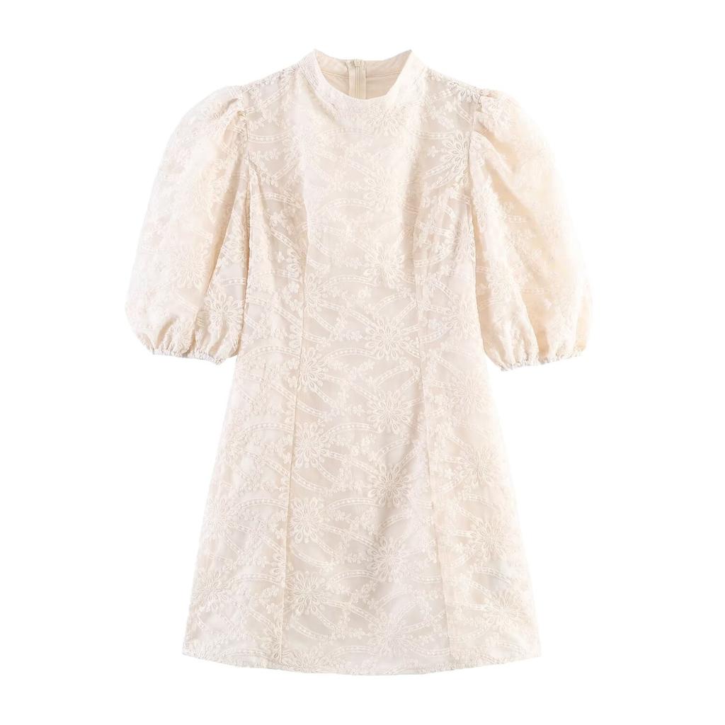 Summer new French retro crew neck elegant temperament lace waist thin dress