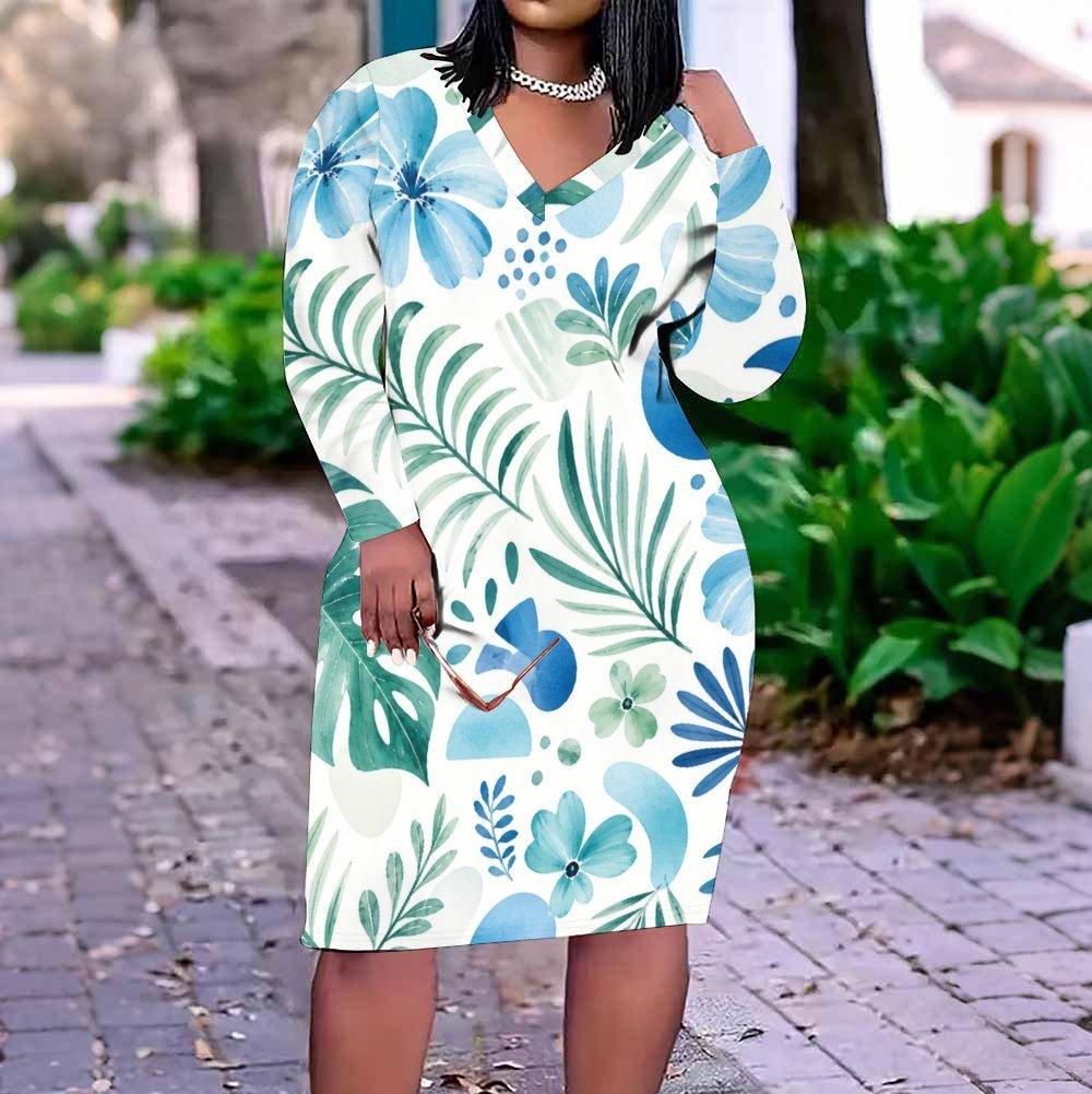 Women Plus Size V Neck Long Sleeve Tropical Leaf Printed Fitted Midi Dress