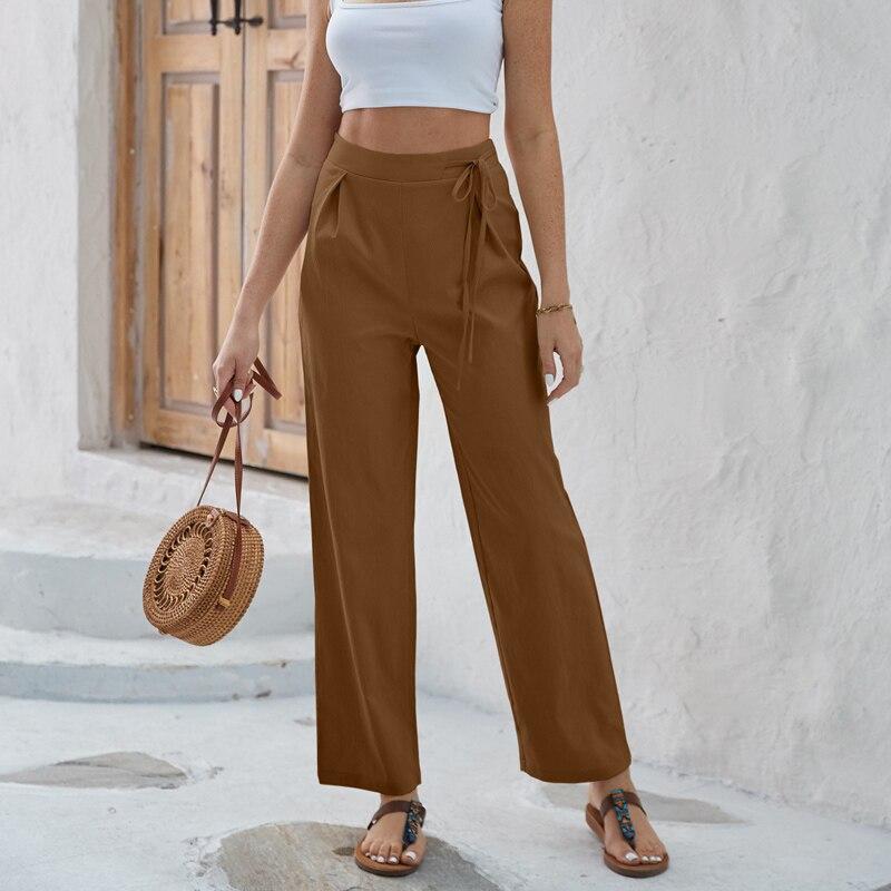 Office-lady Solid Straight Pants Women Casual High-waisted Pants Spring And Summer  Fashion Loose Lace-up Trousers Spodnie 26528