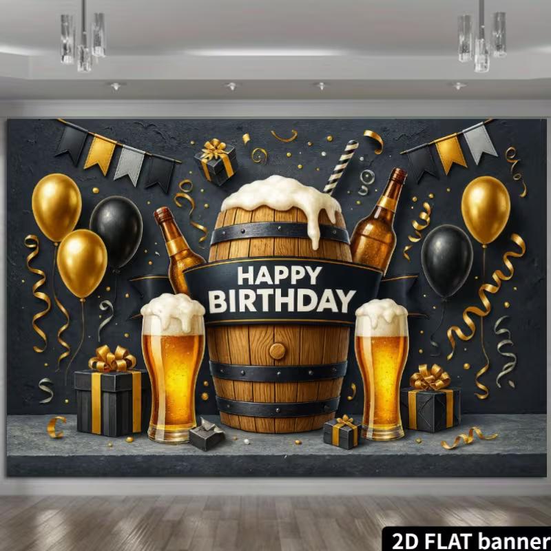 2D Beer Lover Birthday Backdrop - Rustic Barrel & Gift Box Banner for Adult Mens Birthday Party Photoshoot