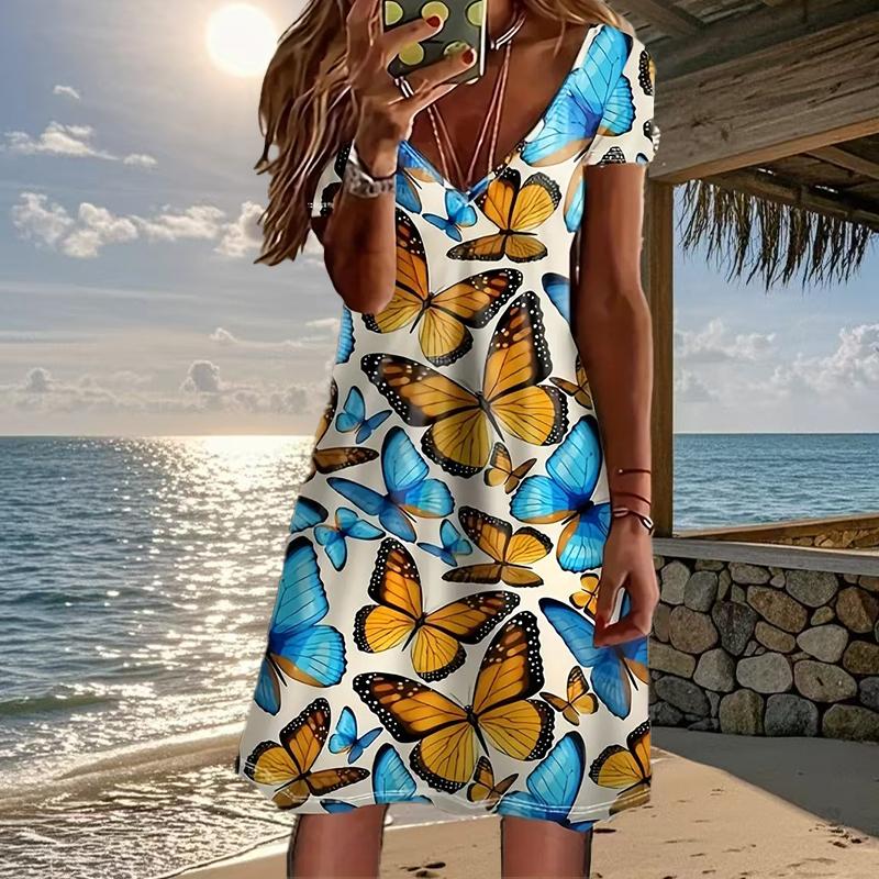 

Летняя мода Женское платье с V-образным вырезом и коротким рукавом в стиле ретро с принтом Сексуальное короткое платье-юбка 8XL темно-синий