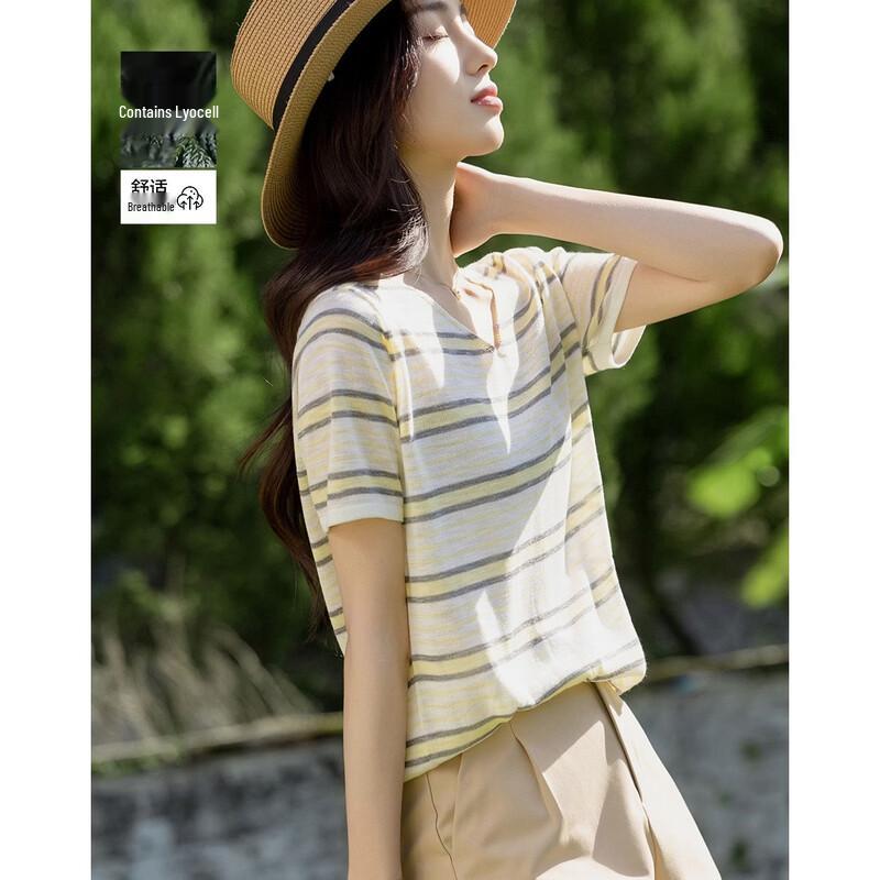 Demana Women s Lyocell Blend Striped V-Neck Knit Top S