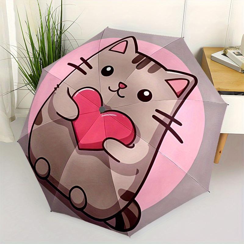 

Kawaii Cat, Heart Holding Automatic folding umbrella simple eight rib design, bright color pattern, durable iron frame, ideal for travel an