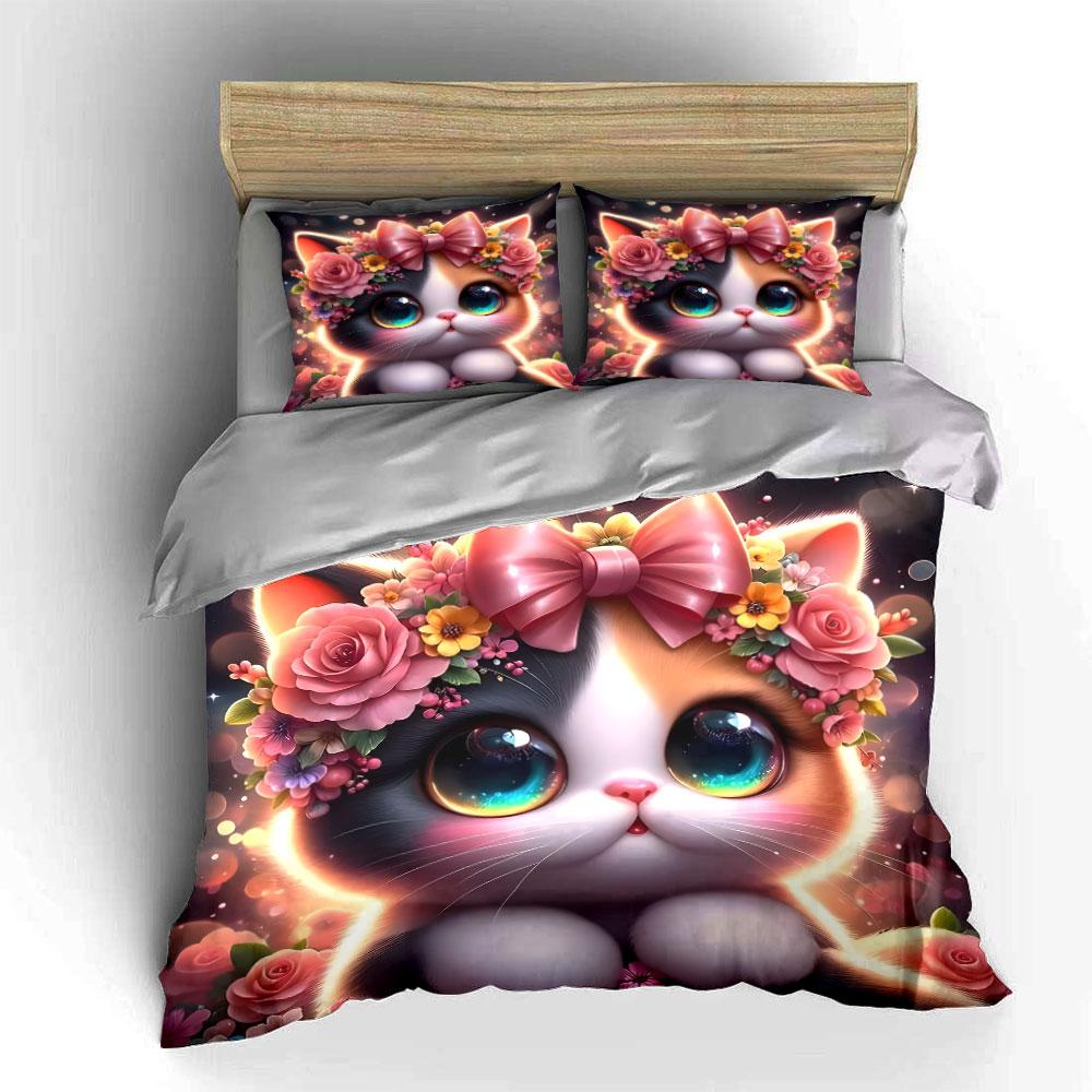 Cute Cat with Floral Crown Bedding Duvet Cover Set (1*Duvet Cover 2*Pillowcases, Without Duvet Insert)