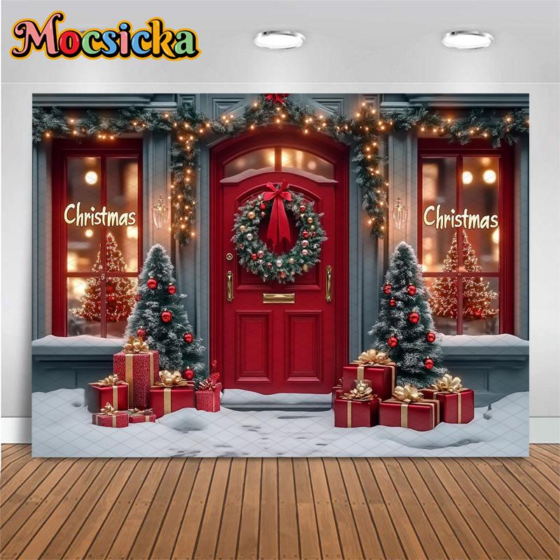 Mocsicka Christmas Photography Backgrounds Xmas Tree Decor Family Festival Party Photo Backdrops Winter Snow Door Pattern Banner