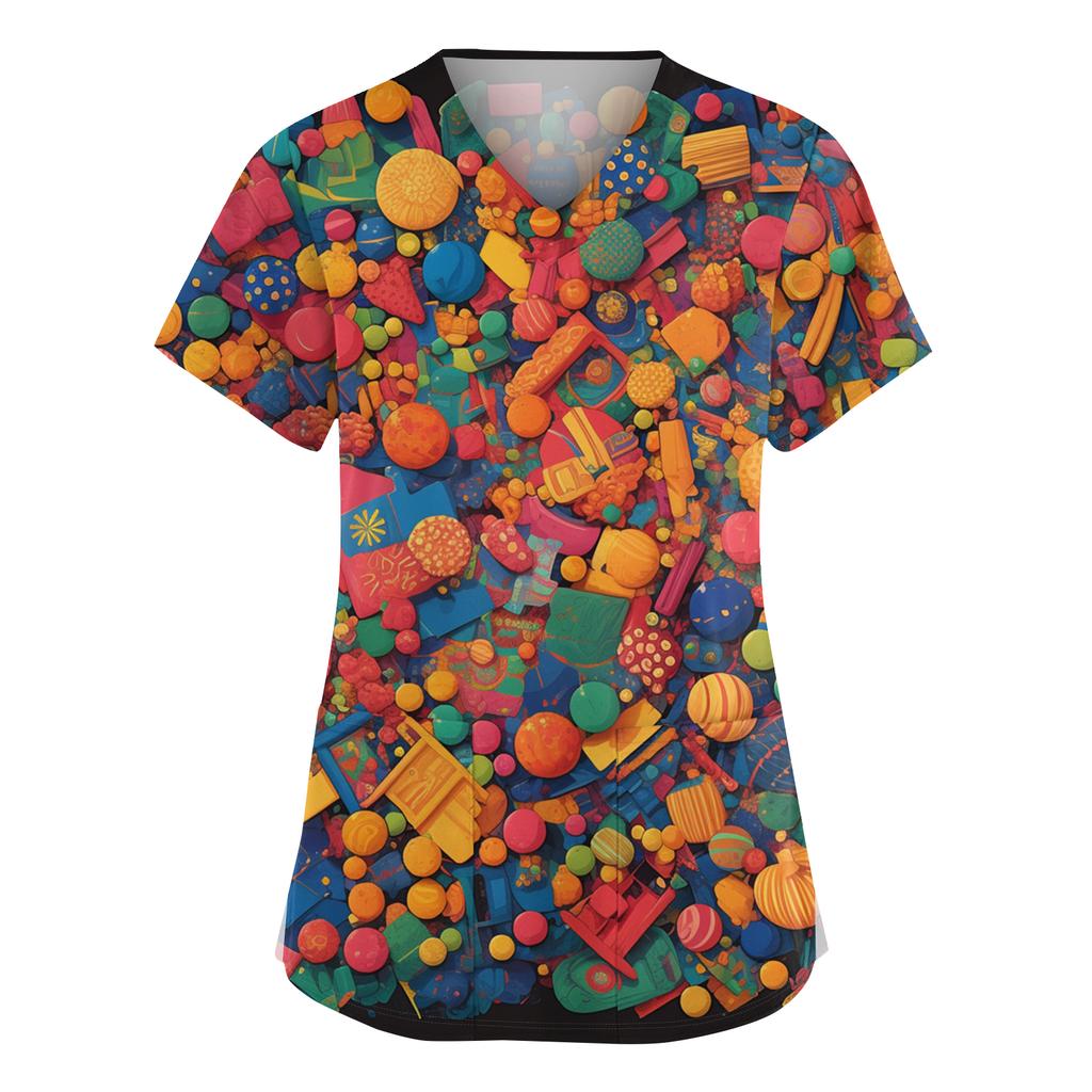 Women's Fashionable V-neck Workwear Printed Short Sleeved Pocket Side Slit Workwear Basic Pullover Top