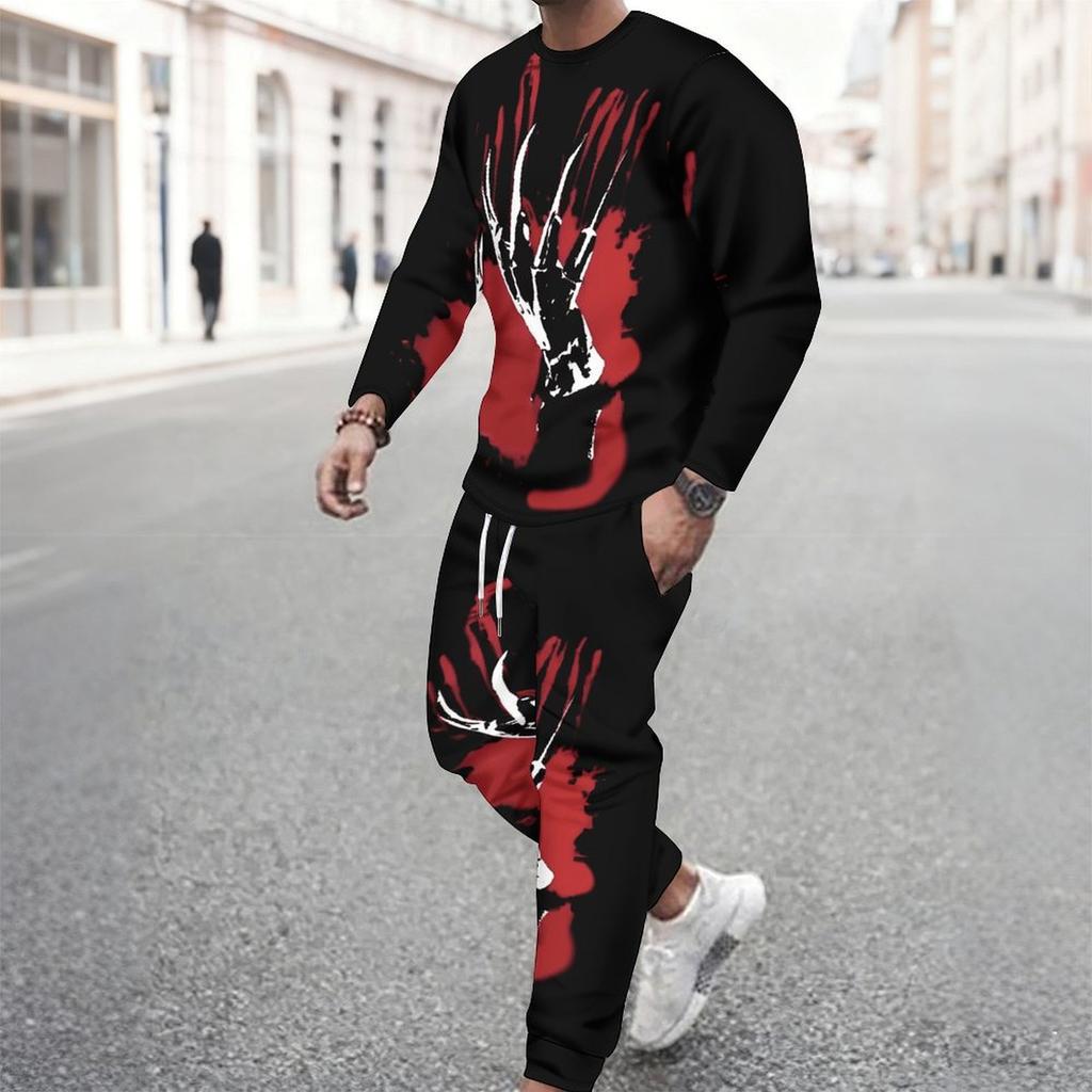 Men Vintage Green Background Skull Blue Butterfly Leaf Print Long Sleeve Sweatshirt Jogger Pants Two Piece Suit