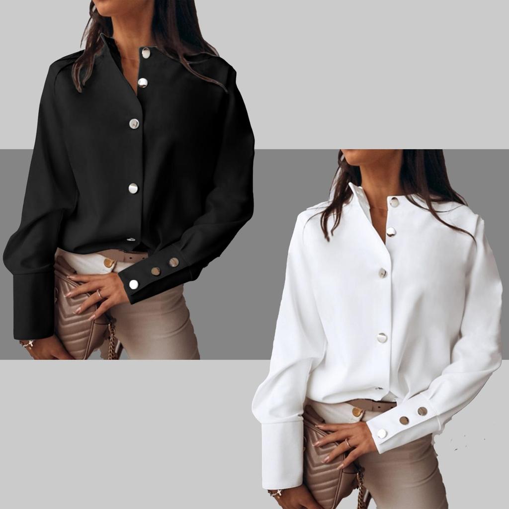 Women's Loose Fashion Shirts Solid Color Band Collar Long Sleeve Shirts Slim Tops