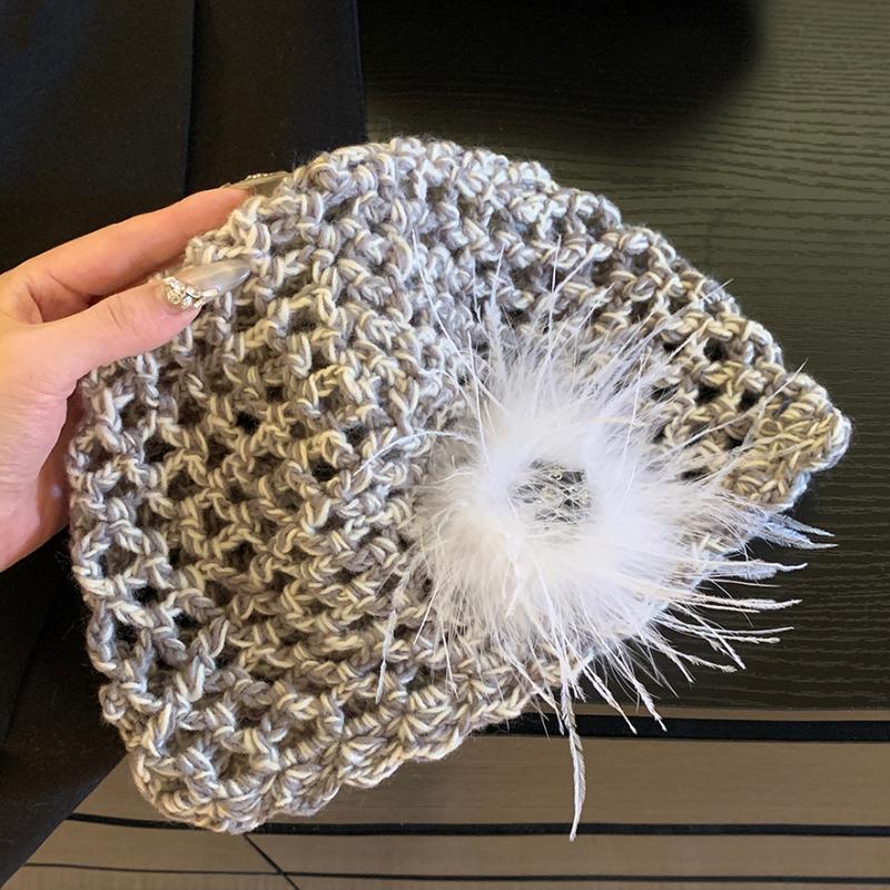 

Французская высококачественная вязаная вручную шапка из перьев, женская ретро этническая ажурная шапка-бини One Size