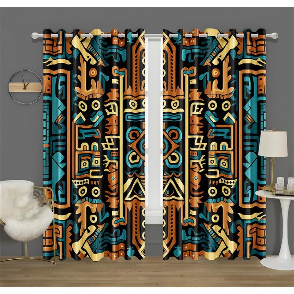 3D Aztec Pattern Decorative Curtains Masks Regional Style Print Curtains Bedroom Living Room Kitchen Decor 2 Pcs
