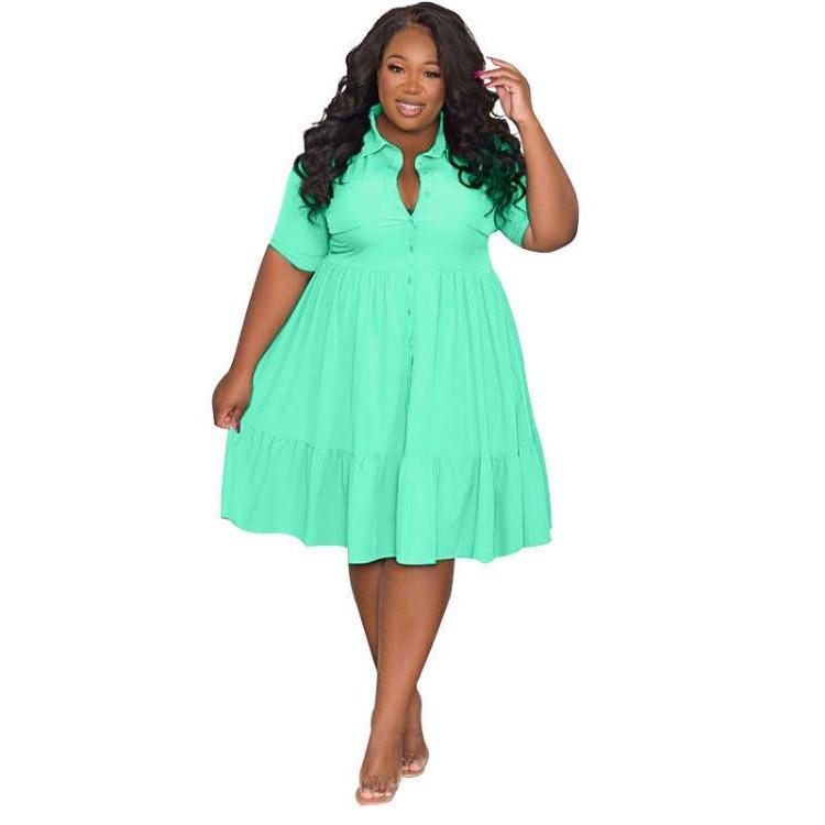 Elegant Casual Solid Color Shirt Dress Summer Short Sleeve Lapel for Plus Size Women